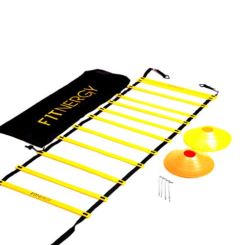 ESCALERA de AGILIDAD por F1TNERGY Equipo Entrenamiento con Bolsa GRATIS INCLUYE 12 Escalones Peldaños Ajustables 6 metros 10 Conos de Velocidad 4 clavijas y anillas en D Mejora Coordinacion futbol