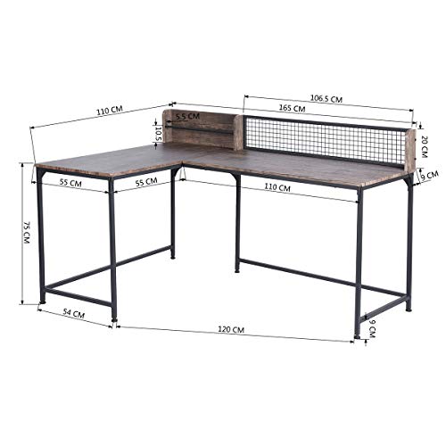 Escritorio esquinero para ordenador, ideal para el hogar, oficina, escritorio en forma de L, tablero de densidad media, mesa estable de 165 x 110 x 75 – 95 cm nogal