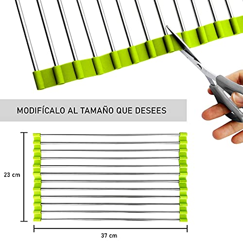 Escurridor platos plegable para cocina sin BPA. Escurreplatos enrollable sobre fregadero, incluye escurridor cubiertos. Encimera cocina de rejilla metalica para utensilios de cocina.