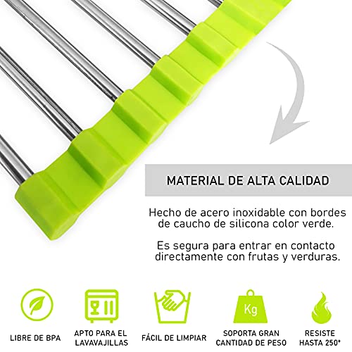 Escurridor platos plegable para cocina sin BPA. Escurreplatos enrollable sobre fregadero, incluye escurridor cubiertos. Encimera cocina de rejilla metalica para utensilios de cocina.