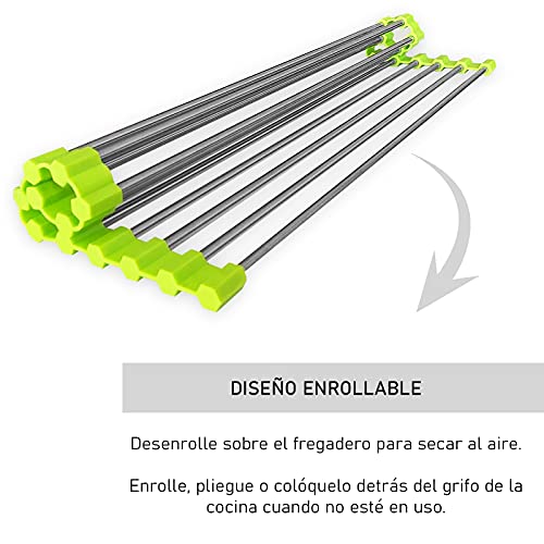 Escurridor platos plegable para cocina sin BPA. Escurreplatos enrollable sobre fregadero, incluye escurridor cubiertos. Encimera cocina de rejilla metalica para utensilios de cocina.