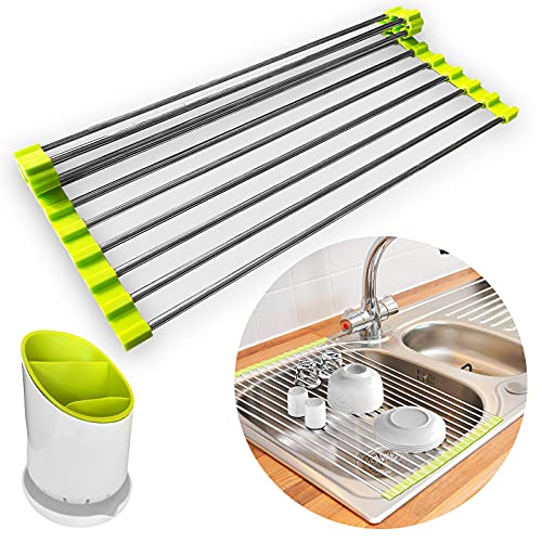Escurridor platos plegable para cocina sin BPA. Escurreplatos enrollable sobre fregadero, incluye escurridor cubiertos. Encimera cocina de rejilla metalica para utensilios de cocina.