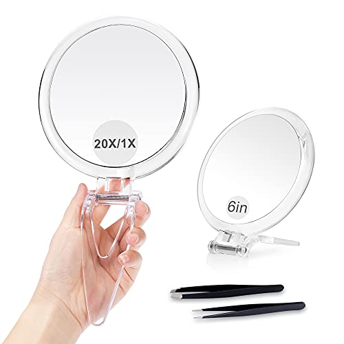 Espejo Aumento 20x, Espejo de Mano Portátil, Espejo Redondo de 15 cm, Doble Cara, Perfecto Para un Maquillaje Preciso