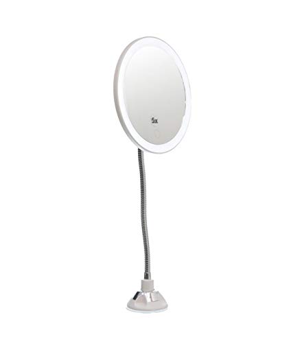 Espejo de 5 aumentos con ventosa, luces LED, soporte flexible y giratorio de 360°, espejo de maquillaje, espejo cosmético portátil para cuarto de baño y viaje
