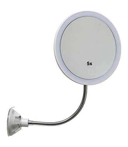 Espejo de 5 aumentos con ventosa, luces LED, soporte flexible y giratorio de 360°, espejo de maquillaje, espejo cosmético portátil para cuarto de baño y viaje