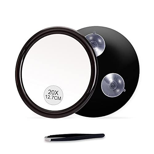 Espejo de aumento 20X con tres ventosas, uso para aplicación de maquillaje, pinzas y eliminación de espinillas y barros. (12,5cm, Negro)