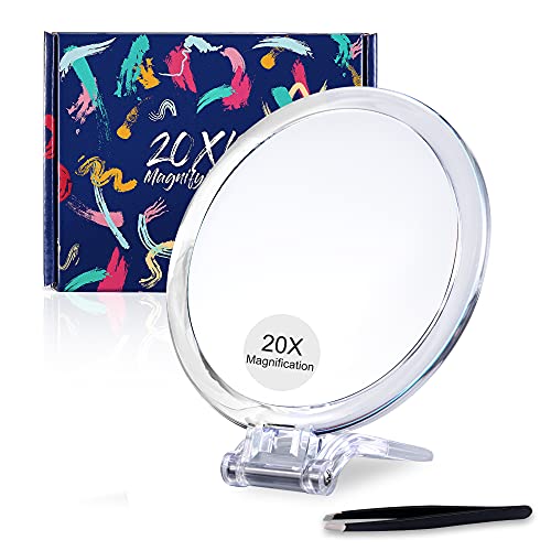 Espejo de Aumento de 20 x / 1 Espejo de Aumento de Dos Caras, Doble Cara con Soporte, Espejo de Mano ampliado para Maquillaje, eliminación de Puntos Negros/Comedones (15 cm, 20X/1X, Plata)