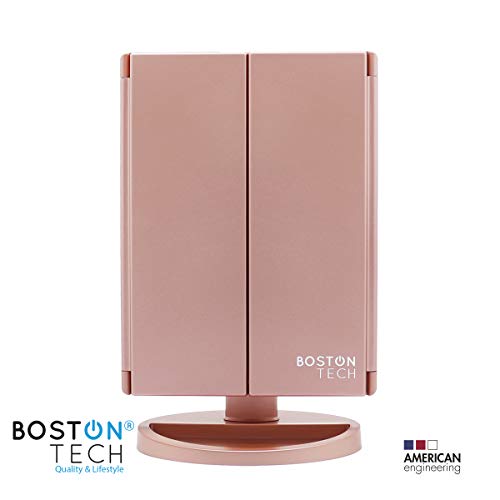 Espejo de Maquillaje con Luz LED ajustable para Tocador Espejo de Mesa Cosmetico con Aumentos 10x, 3X, 2X, Iluminación 21 LED, Luz Ajustable táctil, Rotación de 180° USB o 4 Pilas BE104 Color Oro Rosa