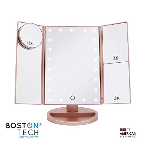 Espejo de Maquillaje con Luz LED ajustable para Tocador Espejo de Mesa Cosmetico con Aumentos 10x, 3X, 2X, Iluminación 21 LED, Luz Ajustable táctil, Rotación de 180° USB o 4 Pilas BE104 Color Oro Rosa
