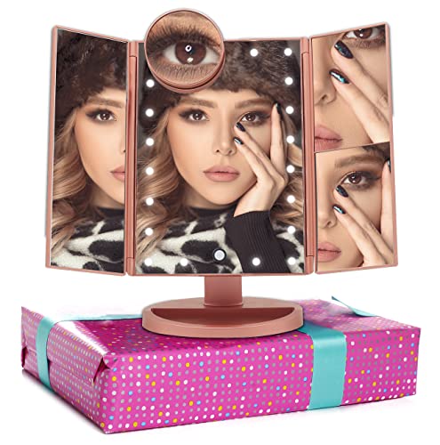 Espejo de Maquillaje con Luz LED ajustable para Tocador Espejo de Mesa Cosmetico con Aumentos 10x, 3X, 2X, Iluminación 21 LED, Luz Ajustable táctil, Rotación de 180° USB o 4 Pilas BE104 Color Oro Rosa