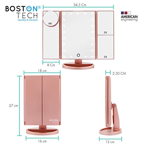 Espejo de Maquillaje con Luz LED ajustable para Tocador Espejo de Mesa Cosmetico con Aumentos 10x, 3X, 2X, Iluminación 21 LED, Luz Ajustable táctil, Rotación de 180° USB o 4 Pilas BE104 Color Oro Rosa
