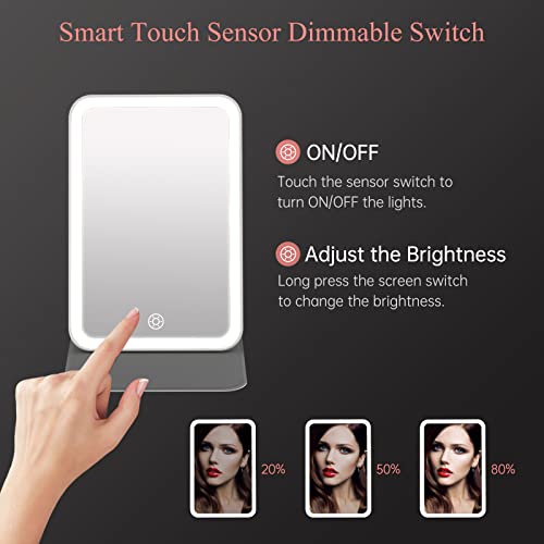 Espejo Maquillaje de 3 Colores y Estuche de Cuero PU, Espejo de Maquillaje con Soporte Ajustable, Atenuación de Sensor Táctil, Espejo Cosmético de Mesa Portátil (Rosa Oro)