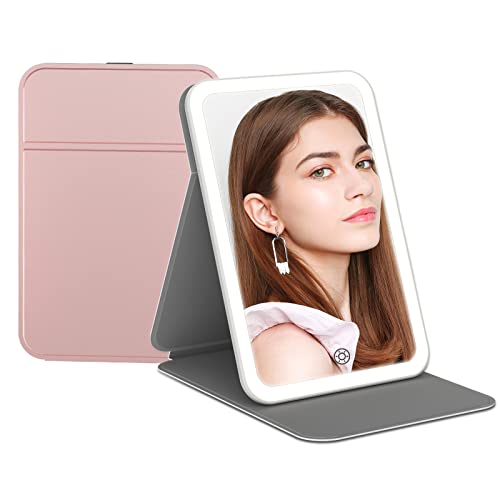 Espejo Maquillaje de 3 Colores y Estuche de Cuero PU, Espejo de Maquillaje con Soporte Ajustable, Atenuación de Sensor Táctil, Espejo Cosmético de Mesa Portátil (Rosa Oro)