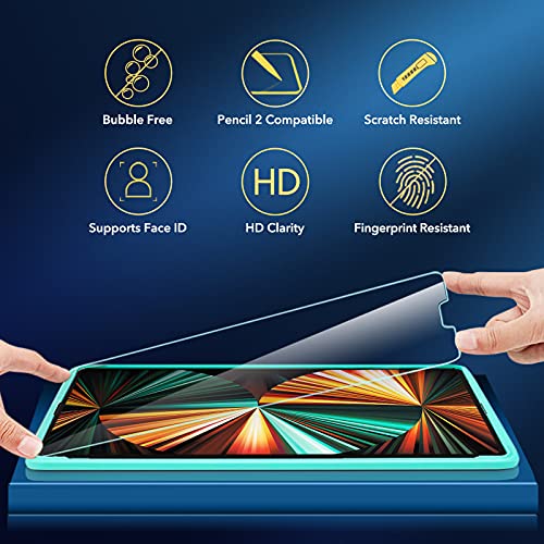 ESR Vidrio Templado 2 Compatible con iPad Pro 12.9 2021 5th Gen, 2020 4th Gen, con 2 Protectores de Lente, Protectores de Pantalla repelentes de Huellas Dactilares y rayones, Compatible con Face ID