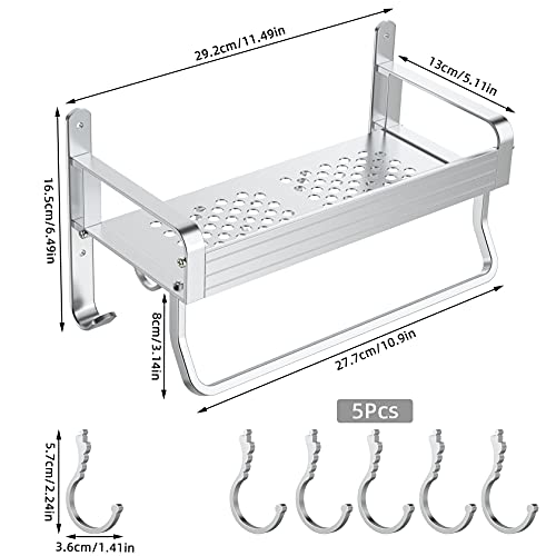 Estanteria Ducha,Yosemy Estanteria Baño sin Taladrar con Ganchos y Toallero,Cesta de Ducha de Aluminio Autoadhesivo,Plata