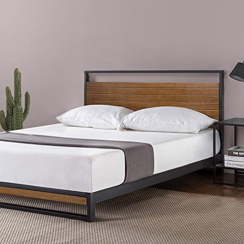 Estructura de cama de metal y madera ZINUS Suzanne de 18 cm | Estructura de madera maciza y acero | Somier de láminas de madera | Montaje sencillo | 150 x 200 cm | Castaño