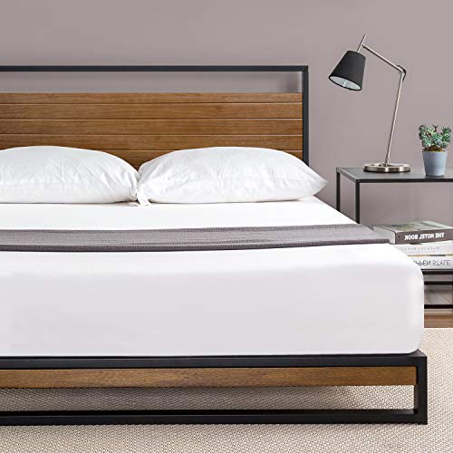 Estructura de cama de metal y madera ZINUS Suzanne de 18 cm | Estructura de madera maciza y acero | Somier de láminas de madera | Montaje sencillo | 150 x 200 cm | Castaño