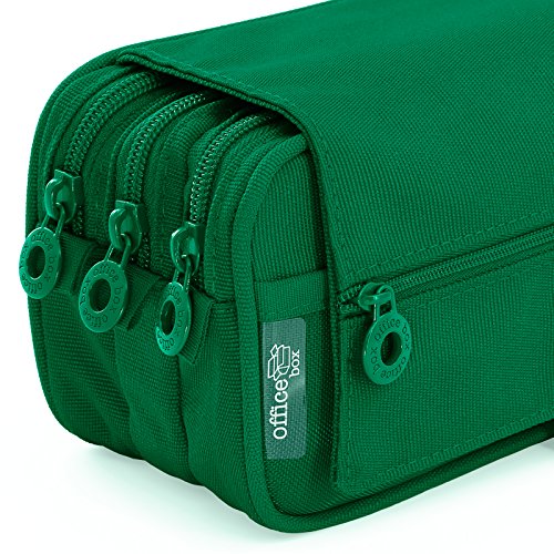 Estuche Portatodo Triple de Amplios Apartados Interiores con Cierre de Cremallera Individual (Verde Oscuro)