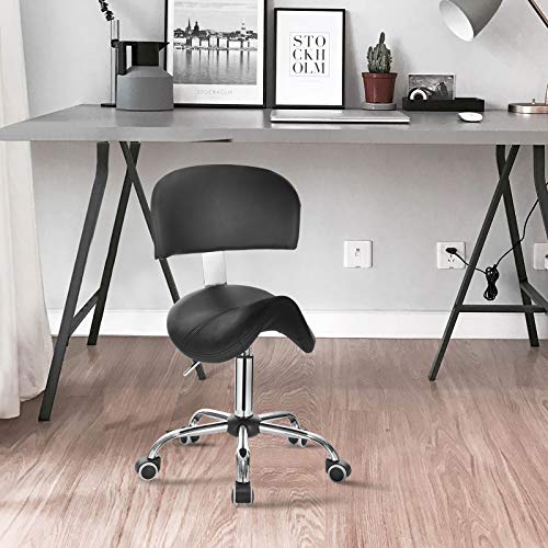 EUGAD Taburete con Ruedas Taburete de Trabajo Giratorio Piel Sintética Regulable en Altura PU Silla Giratoria Taburete de Bar con Respaldo Taburete de Peluquería Negro