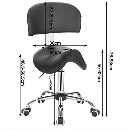 EUGAD Taburete con Ruedas Taburete de Trabajo Giratorio Piel Sintética Regulable en Altura PU Silla Giratoria Taburete de Bar con Respaldo Taburete de Peluquería Negro