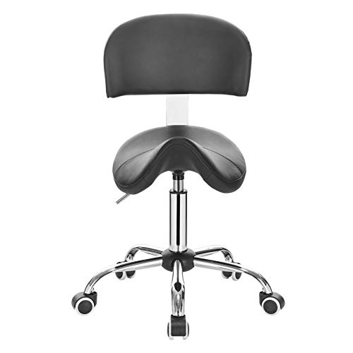 EUGAD Taburete con Ruedas Taburete de Trabajo Giratorio Piel Sintética Regulable en Altura PU Silla Giratoria Taburete de Bar con Respaldo Taburete de Peluquería Negro