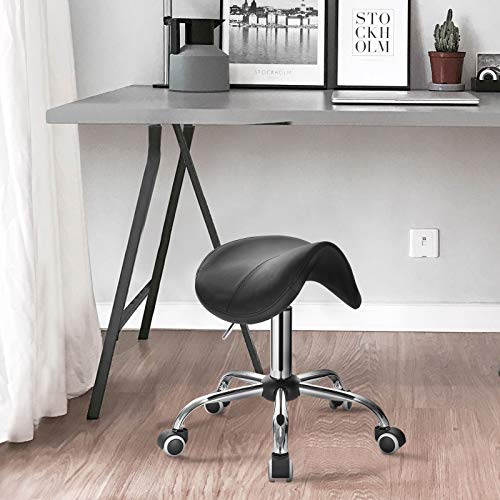 EUGAD Taburete con Ruedas Taburete de Trabajo Giratorio Regulable En Altura PU Silla Giratoria Taburete de Bar Piel Sintética Taburete de Peluquería Negro