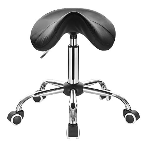 EUGAD Taburete con Ruedas Taburete de Trabajo Giratorio Regulable En Altura PU Silla Giratoria Taburete de Bar Piel Sintética Taburete de Peluquería Negro