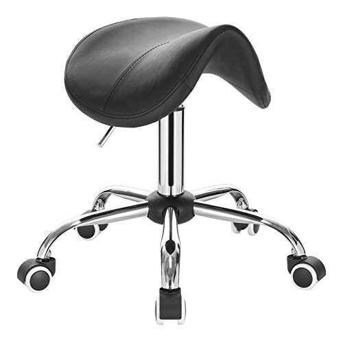 EUGAD Taburete con Ruedas Taburete de Trabajo Giratorio Regulable En Altura PU Silla Giratoria Taburete de Bar Piel Sintética Taburete de Peluquería Negro