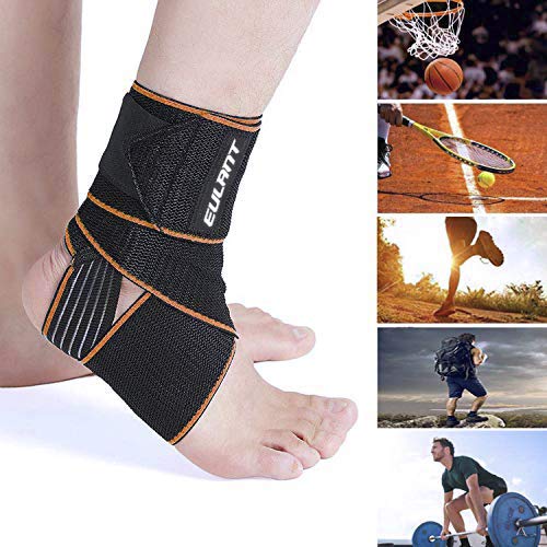 EULANT Elástica Tobillera para Esguince, Vendaje Tobillera 1 Par, Ajustable Protecciones para los Pies con Rayas de Silicona Antideslizante, 85cm, Negro/Naranja