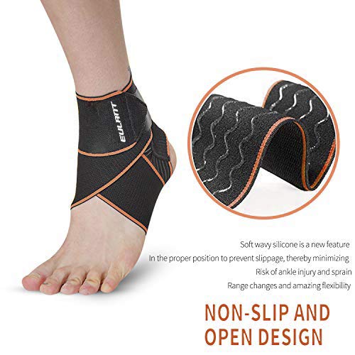 EULANT Elástica Tobillera para Esguince, Vendaje Tobillera 1 Par, Ajustable Protecciones para los Pies con Rayas de Silicona Antideslizante, 85cm, Negro/Naranja