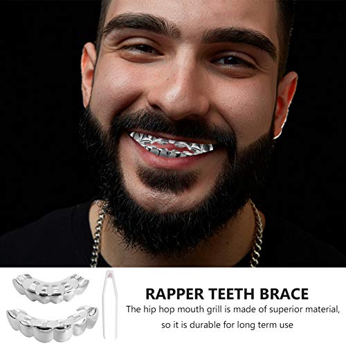 EXCEART Parrillas de Dientes Plateadas para Hombres Mujeres Hip Hop Poker Diamante Parte Superior Inferior Brace con Pinzas para Dientes Rapero Boca Disfraz Cosplay Joyería