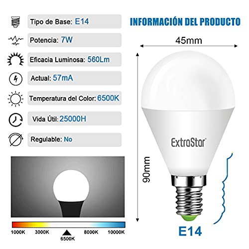 EXTRASTAR Bombillas LED E14, 7W, Equivalente a 56 W Halógena, Luz Fría 6500K, 560 Lumen No regulable, Paquete de 6