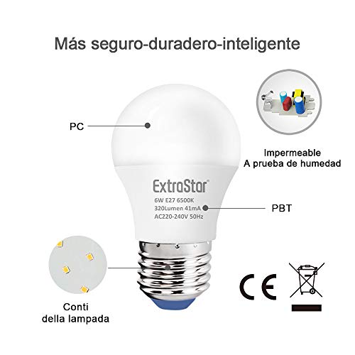 ExtraStar E27 Bombillas LED Globo G45 Casquillo Gordo, 6W Equivalente a 48W, 480lm, Luz Fría 6500K , No regulable, Pack de 6 Unidades