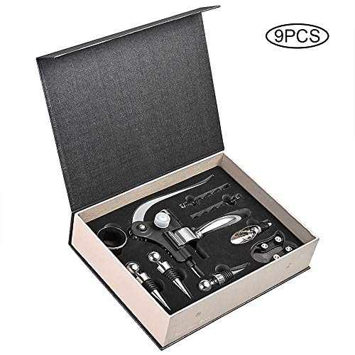 Faburo 9PSC - Juego de accesorios de vino con caja, kit de abrebotellas de vino, abridor de vino y tapón de vino