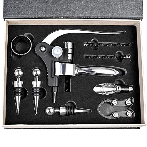Faburo 9PSC - Juego de accesorios de vino con caja, kit de abrebotellas de vino, abridor de vino y tapón de vino