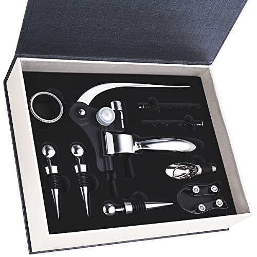 Faburo 9PSC - Juego de accesorios de vino con caja, kit de abrebotellas de vino, abridor de vino y tapón de vino