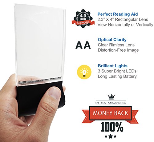 Fancii 2X Lupa Rectangular para Leer Libros con Luz LED - Lente de Aumento sin Distorsión y sin Marco 58 x 102mm - para Periódicos y Mapas, Personas Mayores o con Mala Visión