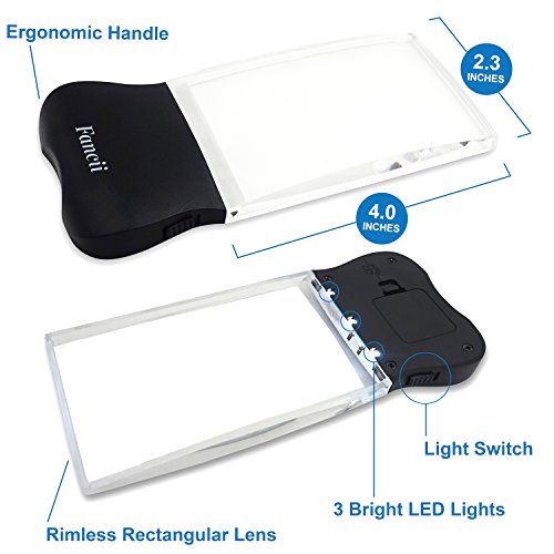 Fancii 2X Lupa Rectangular para Leer Libros con Luz LED - Lente de Aumento sin Distorsión y sin Marco 58 x 102mm - para Periódicos y Mapas, Personas Mayores o con Mala Visión