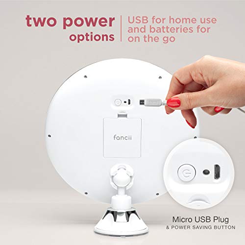 Fancii Espejo Maquillaje de Aumento 10x con Luz LED Natural, USB y Pilas - Espejo Iluminado de Baño para Cosmético, Poderoso Ventosa, 20 cm de Ancho - Luna (Blanco)