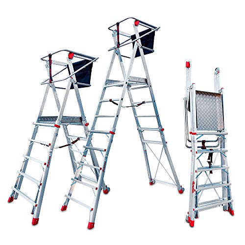 Faraone - Escalera con Plataforma PLS5 - 250x83x26 cm - Escalera 5 Peldaños - Escalera Plegable de Aluminio - Uso Profesional - Fácil de Transportar - con Ruedas - Amplio Plano de Trabajo