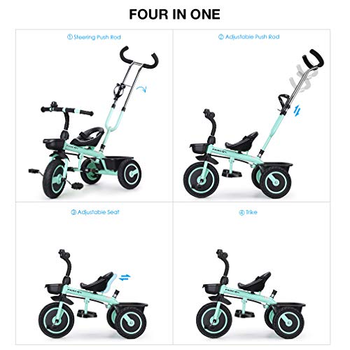 FASCOL Triciclo Bebé con Barra Telescópica Extraíble Smart Bicicleta para Niños, Asiento Ajustable , Ruedas de Gomas y Conducción Silenciosa, 18 Meses - 5 Años,hasta 30KG (Verde)