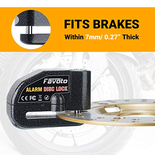 Favoto Candado de Disco de Freno Moto Dispositivo Antirrobo con 110dB Alarma Bloqueo de 7mm para Motos Motocicletas Bicicletas con Cable Recordatorio y Bolsa de Transporte Negro