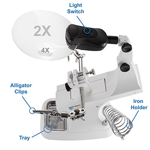 FC Optics Tercera Mano Con Lupa y Luz LED, Lentes de Aumentos 2X 4X - Lupa de Pie Manos Libres con Abrazadera, Pinzas de Cocodrilo y Soporte para Soldadura, Electrónica, Modelismo, Reparación