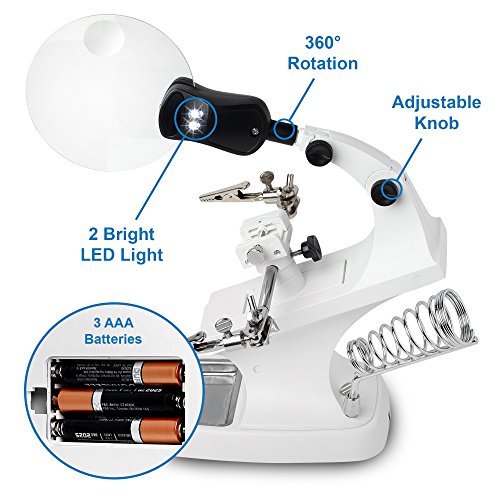 FC Optics Tercera Mano Con Lupa y Luz LED, Lentes de Aumentos 2X 4X - Lupa de Pie Manos Libres con Abrazadera, Pinzas de Cocodrilo y Soporte para Soldadura, Electrónica, Modelismo, Reparación