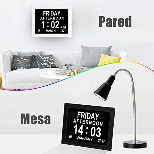 Febelle Marco Reloj Digital Calendario para Fotos Vídeos música para Ancianos y Pacientes 8 Opciones de Alarmas y Recordatorios de Medicamentos (Negro)