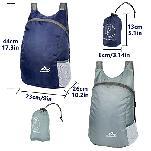 Feibmir 2 mochilas plegables ultra ligeras, resistentes al agua, mochilas para senderismo, para hombres, mujeres, niños, viajes, camping, escalada, ciclismo, caminata, Marino+Gris, M