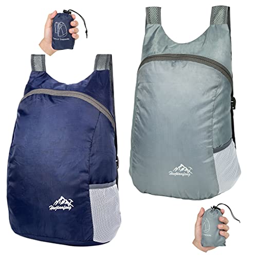 Feibmir 2 mochilas plegables ultra ligeras, resistentes al agua, mochilas para senderismo, para hombres, mujeres, niños, viajes, camping, escalada, ciclismo, caminata, Marino+Gris, M
