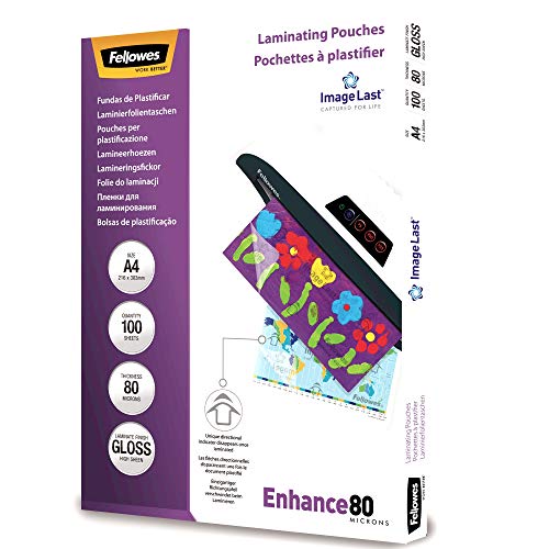 Fellowes Plastificadora Sola A4, para uso ocasional, 125 micras + 53061 Pack de 100 fundas para plastificar, brillo, formato A4, 80 micras