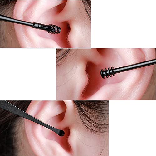 FENGFENGGUO (2 Paquetes) Juego de Herramientas limpiadoras de Cera de oídos de 6 Piezas, en Espiral con Cuchara limpiadora de oídos con Estuche de Almacenamiento portátil, para niños y Adultos, Negro