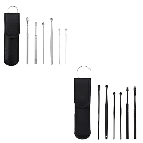 FENGFENGGUO (2 Paquetes) Juego de Herramientas limpiadoras de Cera de oídos de 6 Piezas, en Espiral con Cuchara limpiadora de oídos con Estuche de Almacenamiento portátil, para niños y Adultos, Negro